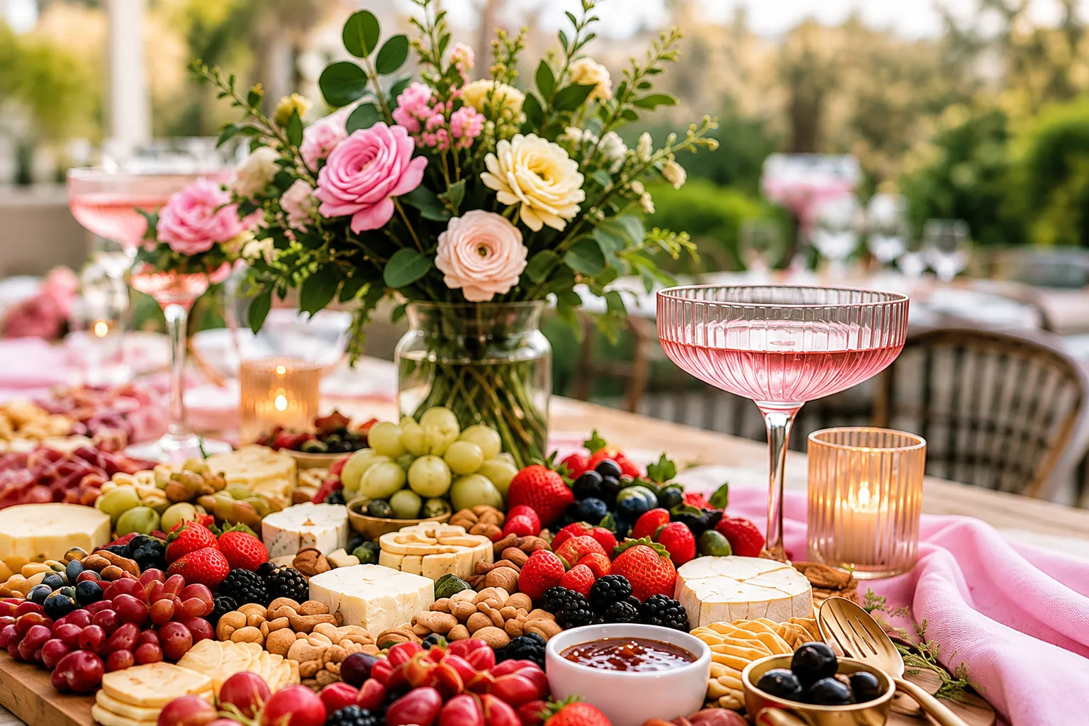 Gluten-free grazing table laid with cheeses, berries, nuts and crackers beside garden roses and a coupe of sparkling rosé